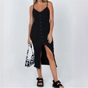 Princess Polly Muir Ribbed Button Front Midi Dress in Black